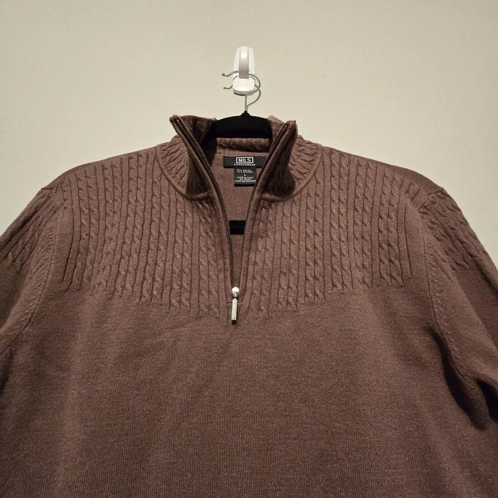 NILS Women Cable Knit Sweater LG 1/4 Zip Mock Neck Light Brown Stretch Apres Ski